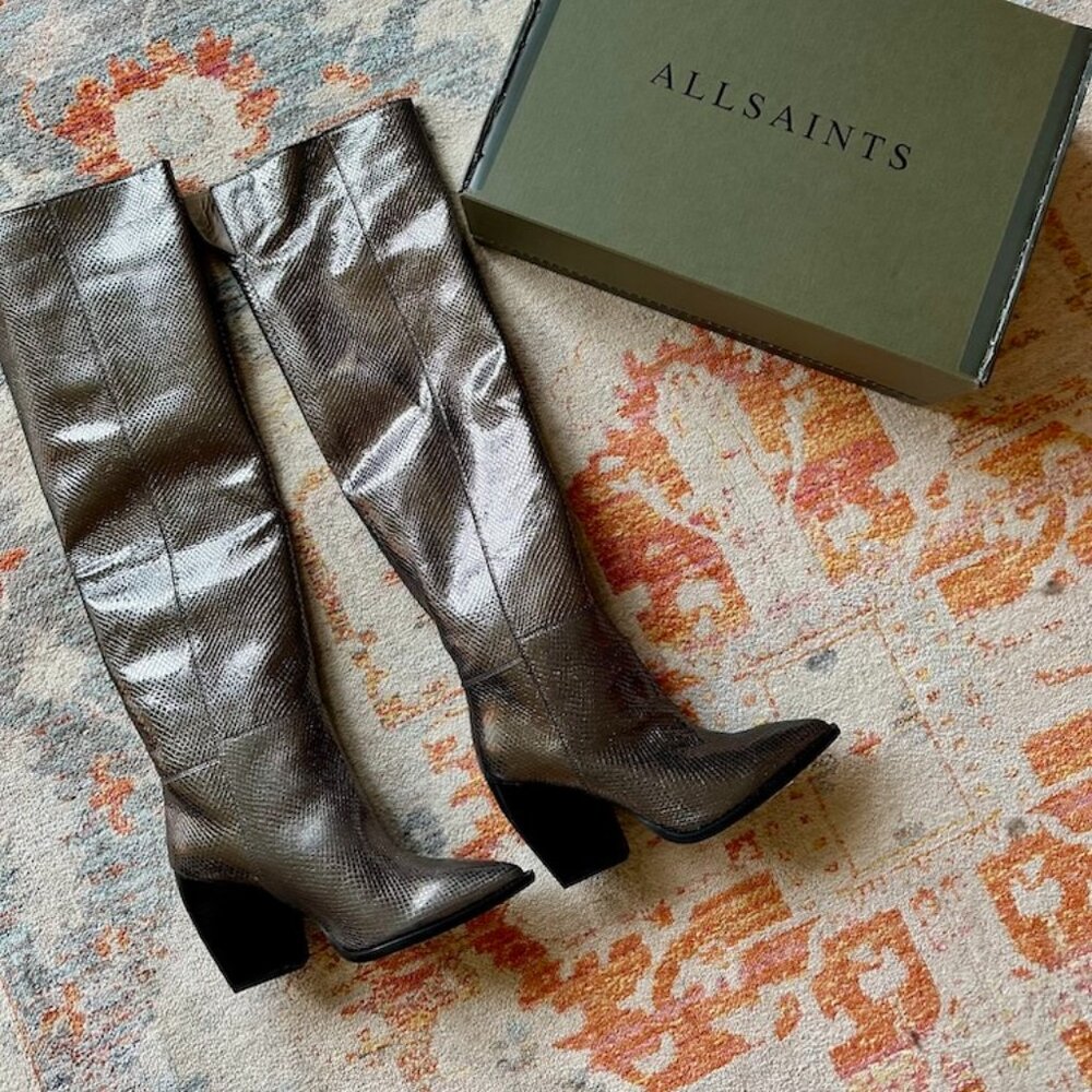 All Saints Reina Snake Print Metallic Leather Boots - Size 10 NWT